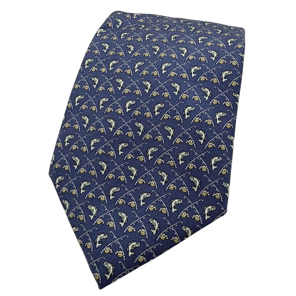 Vineyard Vines Necktie Mens One Size Blue Silk Fishing Trout Fly Rod Made in USA